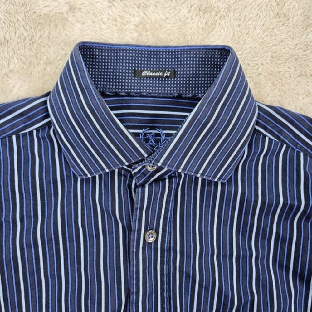 Bugatchi Uomo Dress Shirt Classic Fit Blue White Striped Long Sleeve Men's Sz M - Picture 7 of 10